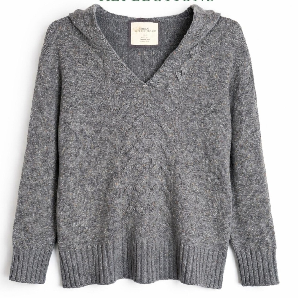Natural‎ Reflections Gray Hooded Cable Knit Sweater Speckled Cozy Cottage M